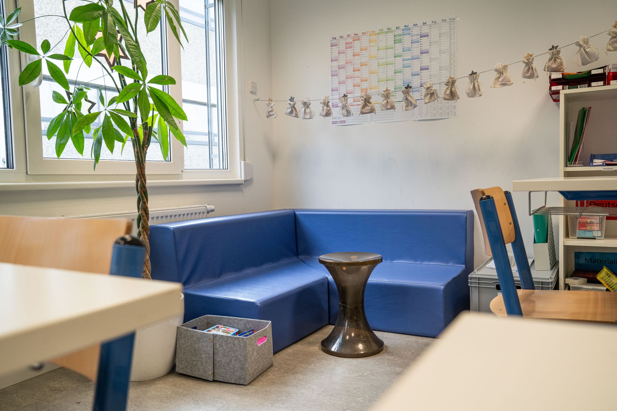 Ein blaues Sofa steht am Fenster mit Pflanze kleinem Tisch und einer Kiste mit Spielen