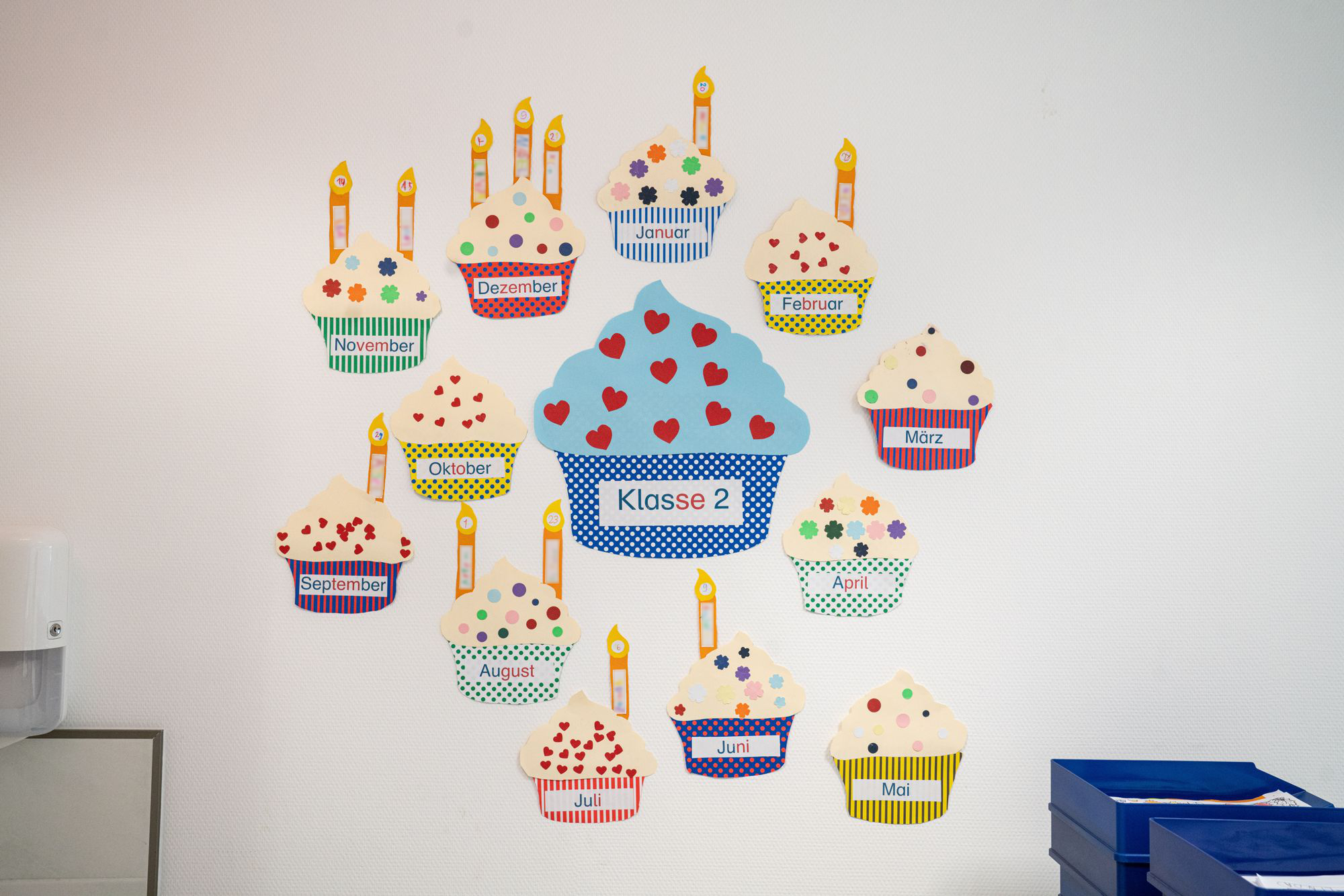 Bunte Muffins mit Monatsnamen und Kerzen hängen an der Wand und zeigen Klasse 2